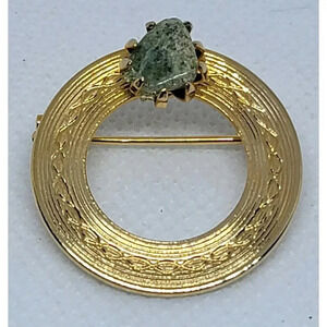 Vintage Gold Toned Circle Pin with Moss Agate Stone